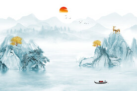 新中式意境蓝色风景山水背景墙