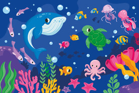 蓝色卡通海底鲸鱼珊瑚水族馆背景