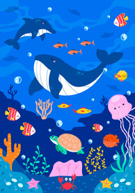 卡通海底热带鱼可爱海豚鲸鱼背景