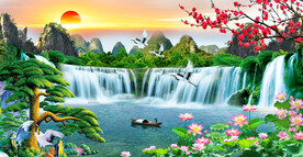 流水生财迎客松装饰画