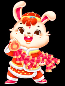 新年红色拿鞭炮可爱小兔子