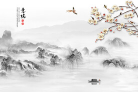 新中式意境山水瀑布电视背景墙