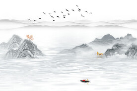 新中式意思山水麋鹿风景背景墙