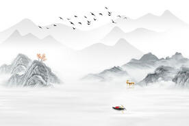 新中式意境飞鸟水墨画风景背景墙