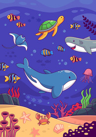 可爱海豚卡通热带鱼鲨鱼海底背景