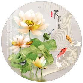 现代简约荷花锦鲤圆形装饰画