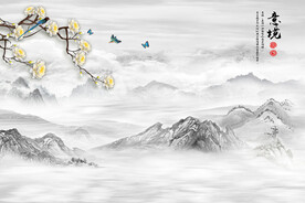 新中式手绘国画意境山水背景墙
