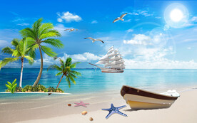 蓝天白云大海沙滩背景墙