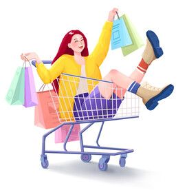 坐在购物车的女人