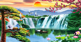 迎客松瀑布山水画