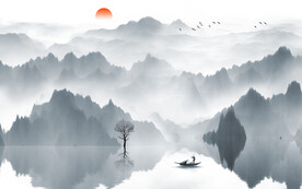 山水背景墙蓝色水墨画