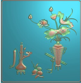 书柜门板荷花花瓶精雕图