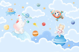 卡通动物宇航员太空星球火箭背景