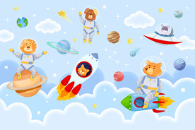 卡通动物宇航员太空火箭星球背景