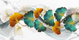 山水画背景墙 杏叶 弧线