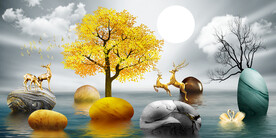 山水画背景墙 石头麋鹿