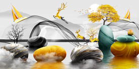 山水画背景墙弧线 石头麋鹿