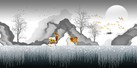 山水画背景墙 抽象画麋鹿