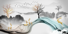 山水画背景墙 弧线 麋鹿