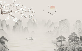 中式兰花鸟画山水电视背景墙