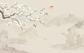 新中式花鸟画山水电视背景墙