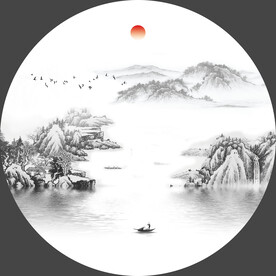 圆形山水画水墨人家圆框画
