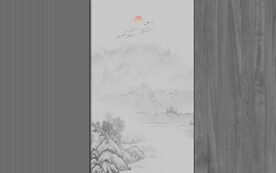 新中式格栅木纹山水画背景墙