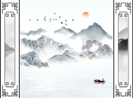 新中式花格意境山水背景装饰画