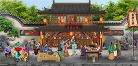 古代重庆火锅餐饮背景墙壁画