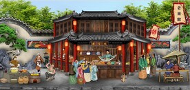古代老面馆餐饮背景墙壁画