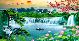 迎客松瀑布山水墙画