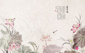中式手绘禅意荷花背景墙