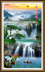 流水生财瀑布山水画