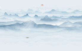 蓝色意境水墨山水画背景墙