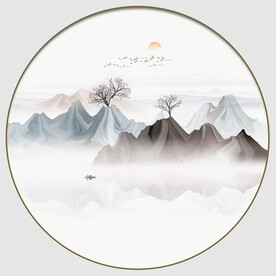 圆形水墨抽象山水画
