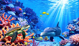 梦幻海底世界卡通鲨鱼珊瑚背景墙