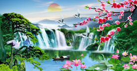 流水生财迎客松山水挂画