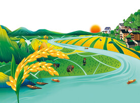 河水稻田大米插画PNG合成图