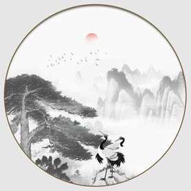 圆形水墨画迎客松