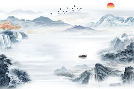 新中式意境山水岩板风景电视背景