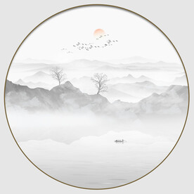 圆形水墨山水画