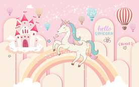 可爱卡通独角兽城堡儿童房背景墙