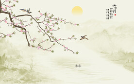 新中式山水工笔花鸟画背景