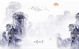 中式国画山水中式电视背景墙