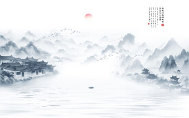 中式禅意水墨山水画