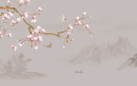 新中式山水工笔花鸟画背景墙