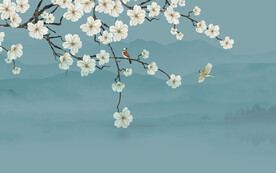 新中式工笔花鸟画床头背景墙