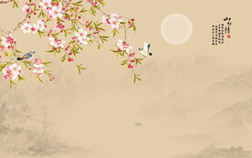 新中式山水工笔花鸟画背景