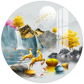 金色麋鹿山水圆形装饰画