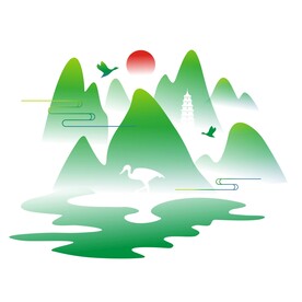 中国风古典意境山水云纹飞鸟图案